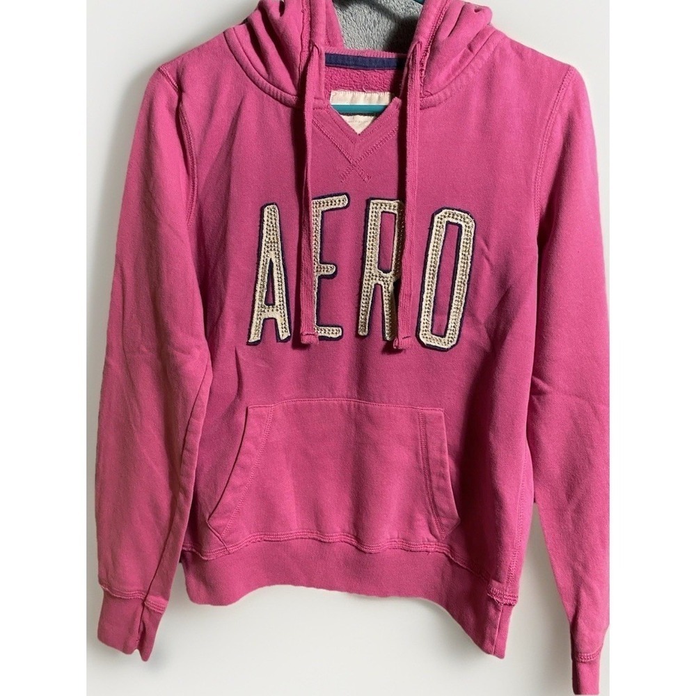 Y2K Rhinestone Logo Aeropostale Womens Hoodie Cotton Blend L Pink